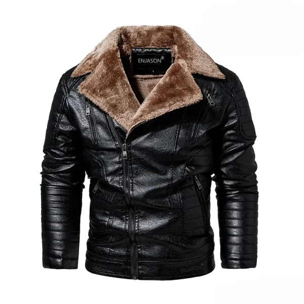 Giacca in pelle da uomo Autunno e inverno Nuovo design con cerniera inclinata in tinta unita Cappotto da viaggio con risvolto da uomo Abbigliamento in pelle calda 1