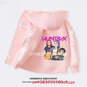 New K Pop Demon Hunters Kids Felpa con cappuccio rosa Kawaii Cartoon stampato con cerniera Cappotto con cappuccio Ragazzi Giacca autunnale Neonata Abiti invernali 1