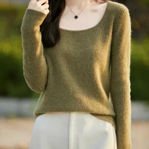 Maglione di lana da donna Pullover basic con scollo a U Autunno Inverno Maglieria di lana merino al 100% Vestibilità a maniche lunghe in cashmere a righe Abiti femminili 1