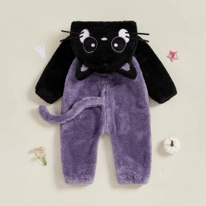 0-24M Baby Black Cat Costume Autunno Inverno Caldo peluche Manica lunga con cappuccio Pagliaccetto Carino caldo tuta infantile per le ragazze dei ragazzi 1