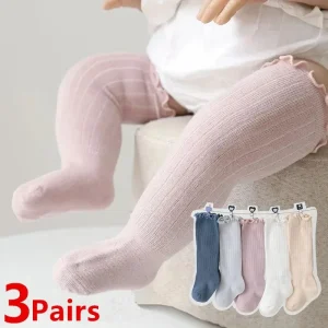 3 paia/lotto neonate calzini pizzo con volant in cotone solido lungo al ginocchio calzini per bambini neonato primavera bambini volant carino Socken 1