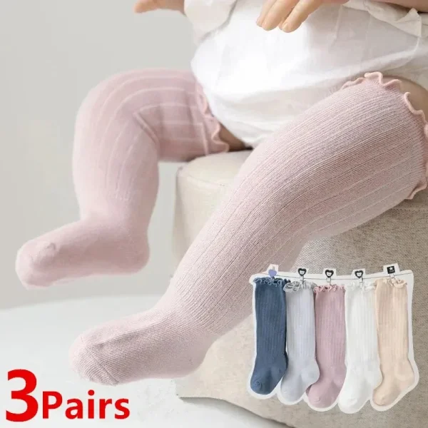 3 paia/lotto neonate calzini pizzo con volant in cotone solido lungo al ginocchio calzini per bambini neonato primavera bambini volant carino Socken 1