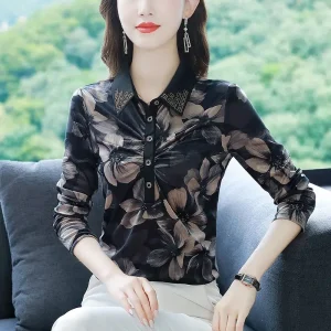 Primavera Autunno Nuova camicia base stampata con colletto polo a maniche lunghe Taglie forti Stomaco che nasconde il temperamento elegante che riduce l'età 1