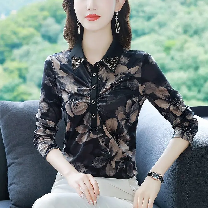 Primavera Autunno Nuova camicia base stampata con colletto polo a maniche lunghe Taglie forti Stomaco che nasconde il temperamento elegante che riduce l'età 1