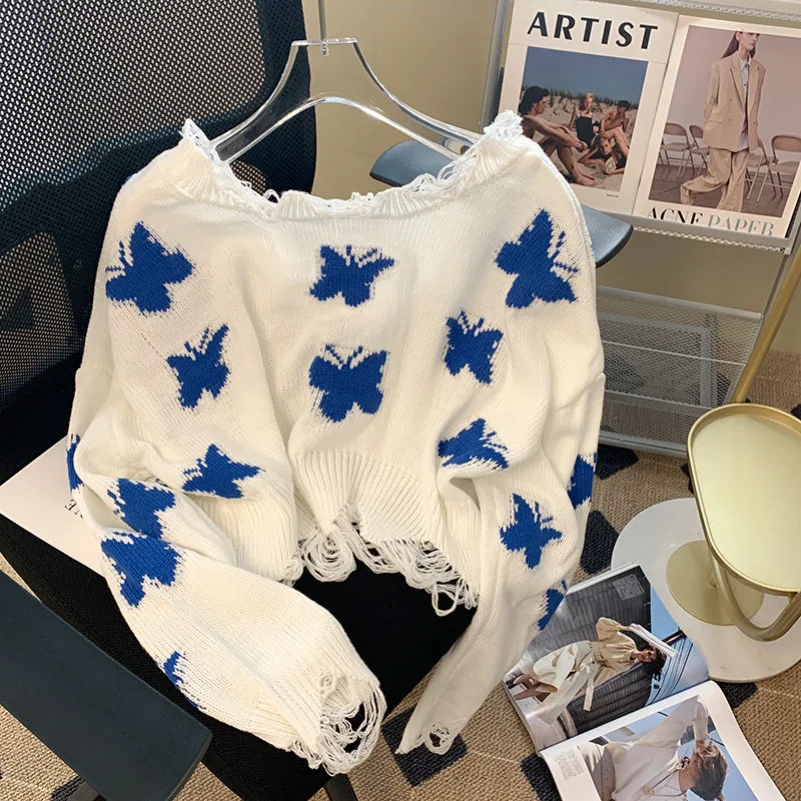 Nuove donne casual maglione allentato moda coreana grafica farfalla maglione lavorato a maglia donna dolce oversize corto con spalle scoperte 2