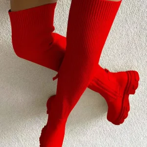 Stivali sopra il ginocchio da donna Tacco spesso da donna Slim Fit Stivali elasticizzati in velluto invernale Tacchi alti Stivali in pelle scamosciata di grandi dimensioni Botas Mujer 1