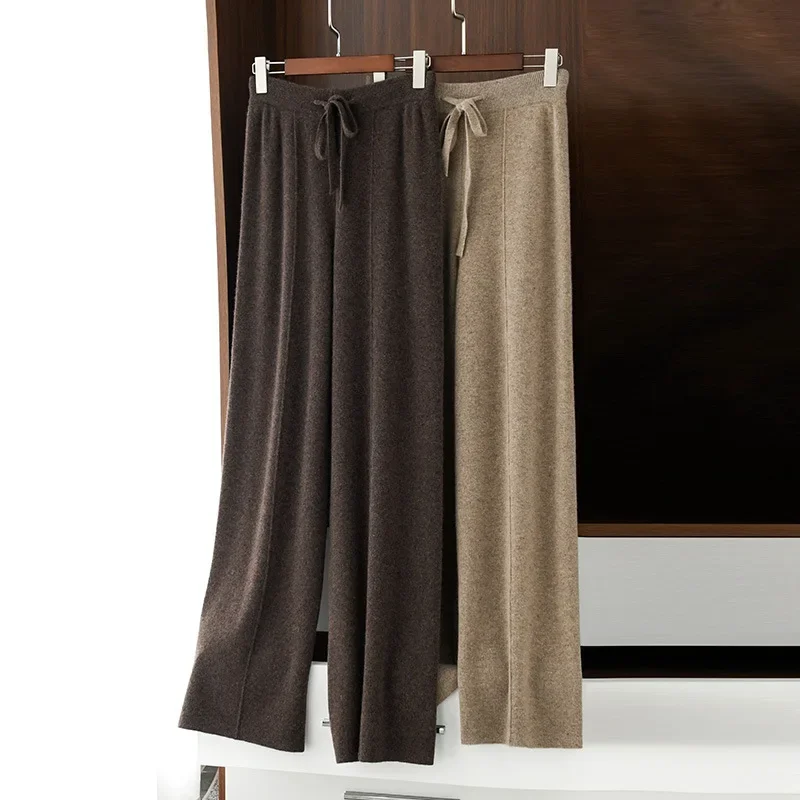Pantaloni a gamba larga in cashmere a vita alta da donna Pantaloni casual in lana drappeggiata lunghi fino al pavimento Pantaloni da donna glutinosi Pantaloni di lana lavorati a maglia da esterno A 3