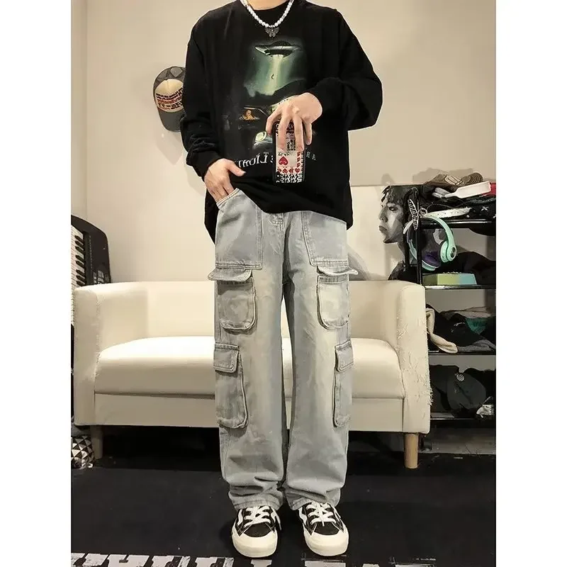2022 nuovi pantaloni cargo in denim casual da uomo autunno inverno pantaloni larghi da indossare in lavatrice stile Hong Kong 4