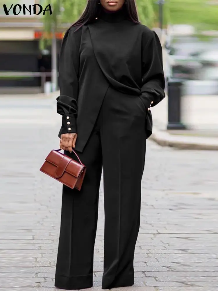 Plus Size VONDA Donna Autunno Collo alto Abiti Tinta unita Manica lunga Set coordinati Elegante pantaloni lunghi con spacco e gamba larga 2 pezzi 2