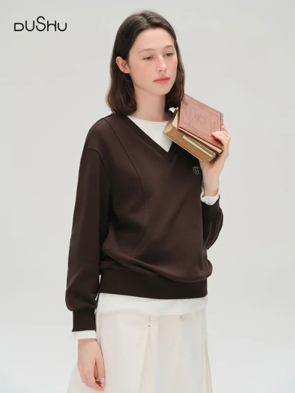 DUSHU Plus Size Felpa ricamata con lettera di colore a contrasto Donna 2025 Inizio autunno All-match Scollo a V Allentato Top per il tempo libero Semplice 1