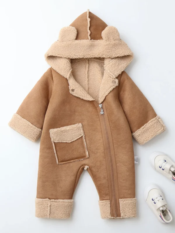 0-2Y Inverno Neonati maschi Vestiti Felpa con cappuccio in pelliccia Tute per ragazze Fodera in pile Pagliaccetti per bambini Pausa vento Vestito infantile 2