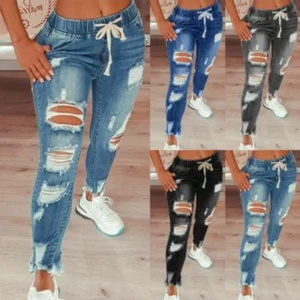 Jeans da donna a vita stretta taglia S-5XL Pantaloni da donna a vita media con lacci slim fit con piedi elastici Pantaloni in denim traforati 1