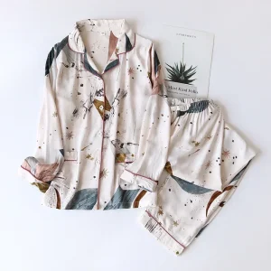 Set da due pezzi Abbigliamento da casa per donna per la primavera e l'autunno Pantaloni in cotone viscosa a maniche lunghe Abiti da notte da donna Set pigiama 1