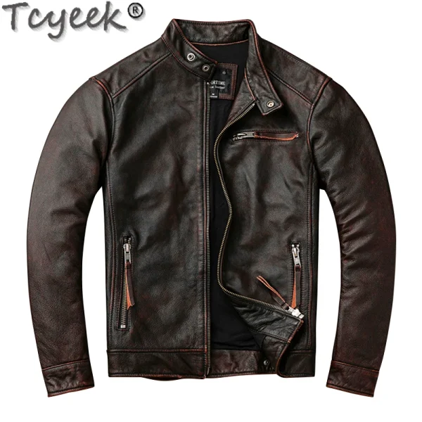 Tcyeek Giacca in vera pelle da uomo Strato superiore Cappotti in pelle di vacchetta Primavera Autunno Cappotto in pelle vintage Giacche da uomo Jaqueta Masculina 5