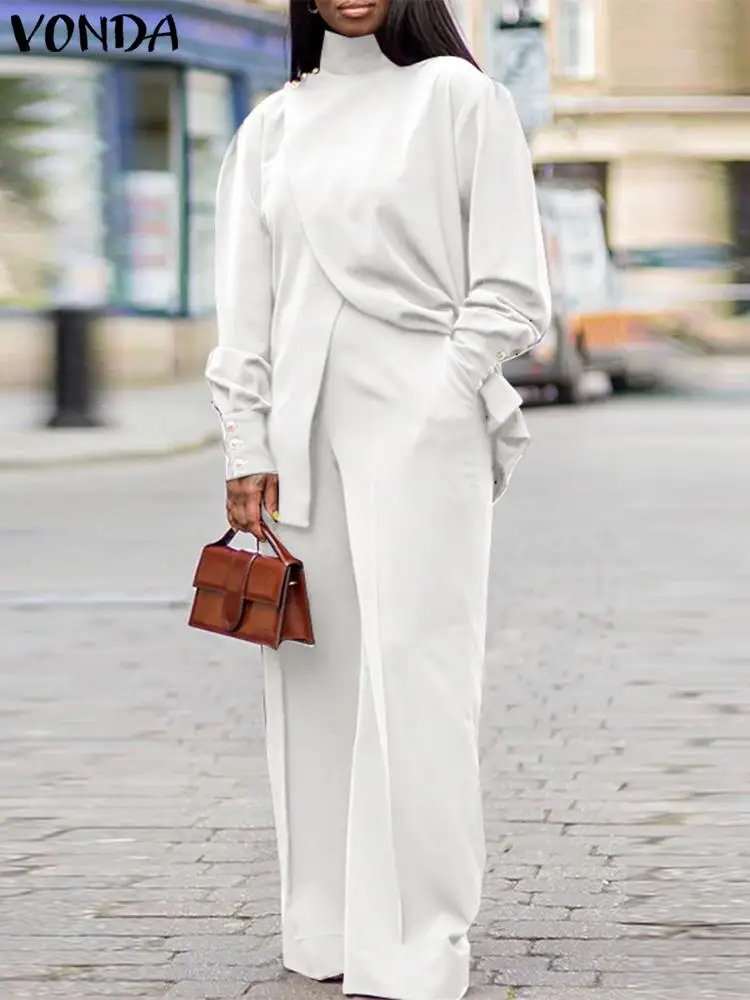 Plus Size VONDA Donna Autunno Collo alto Abiti Tinta unita Manica lunga Set coordinati Elegante pantaloni lunghi con spacco e gamba larga 2 pezzi 4