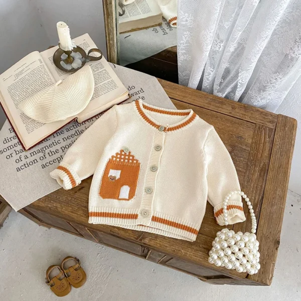 Nuovi vestiti autunnali per neonati di età compresa tra 0 e 3 anni, cardigan alla moda per ragazze e ragazzi, cardigan a contrasto ricamati marroni 3