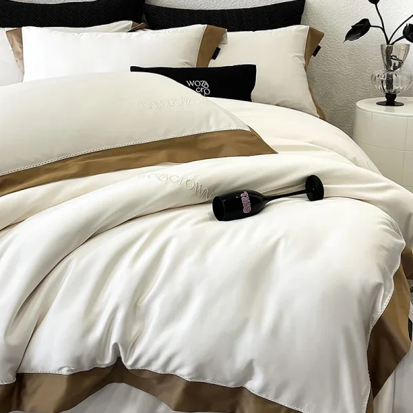 800TC Lyocell Cotone Set di biancheria da letto di lusso Morbido setoso Colore puro Stile hotel Copripiumino Lenzuolo con angoli Federa 4 pezzi 4