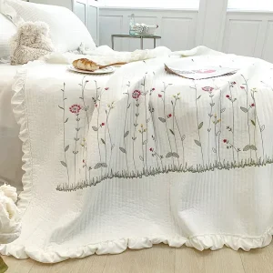 Coperta estiva ricamata con fiori freschi 4/3/1 pezzi Set trapunta estiva trapuntata con volant Piumino leggero lavabile in lavatrice 1