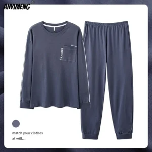 Pigiama da uomo blu scuro Set L-4XL Autunno Inverno Morbido cotone Causale Indumenti da notte per ragazzo Moda Stile minimalista Pigiama da uomo Loungewear 1