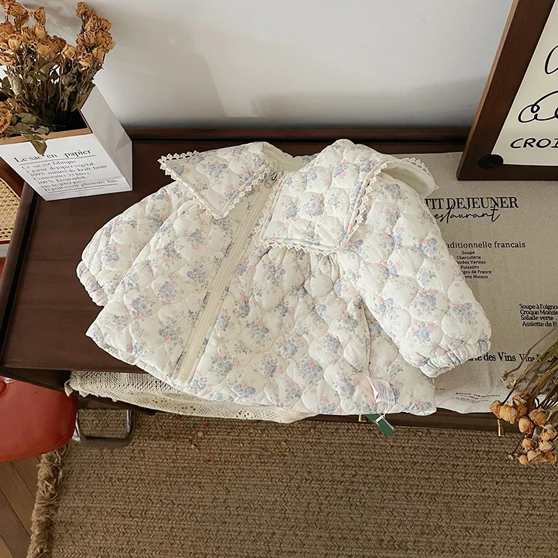 Cappotto caldo per ragazze Giacche con stampa floreale Cappotto in cotone con colletto alla marinara grande per bambini Capispalla imbottito invernale per bambini in velluto felpato 3