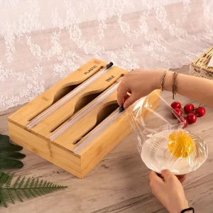 Dispenser per involucro di bambù per foglio di alluminio con taglierina, supporto per taglierina per pellicola trasparente, accessori da cucina, ripiano portaoggetti per organizzatore 1