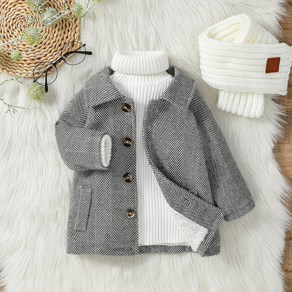 2024 nuovi neonati maschi manica lunga colletto rovesciato autunno/inverno Chevron peluche cappotto di moda con tasca per 1-3 anni abbigliamento per bambini 1