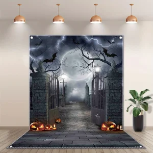 Tessuto di sfondo per fotografia di Halloween, zucca e design della porta del castello di pipistrello nero, decorazione per feste horror 1