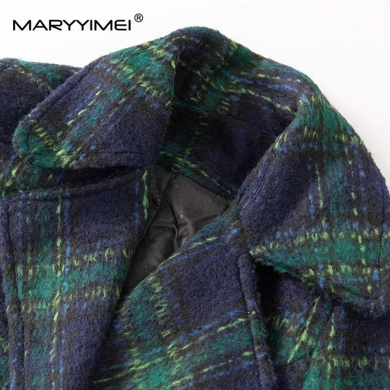 MARYYIMEI Cappotto scozzese elegante streetwear da donna Colletto rovesciato Tasca a maniche lunghe Cappotto doppiopetto autunno e inverno 4