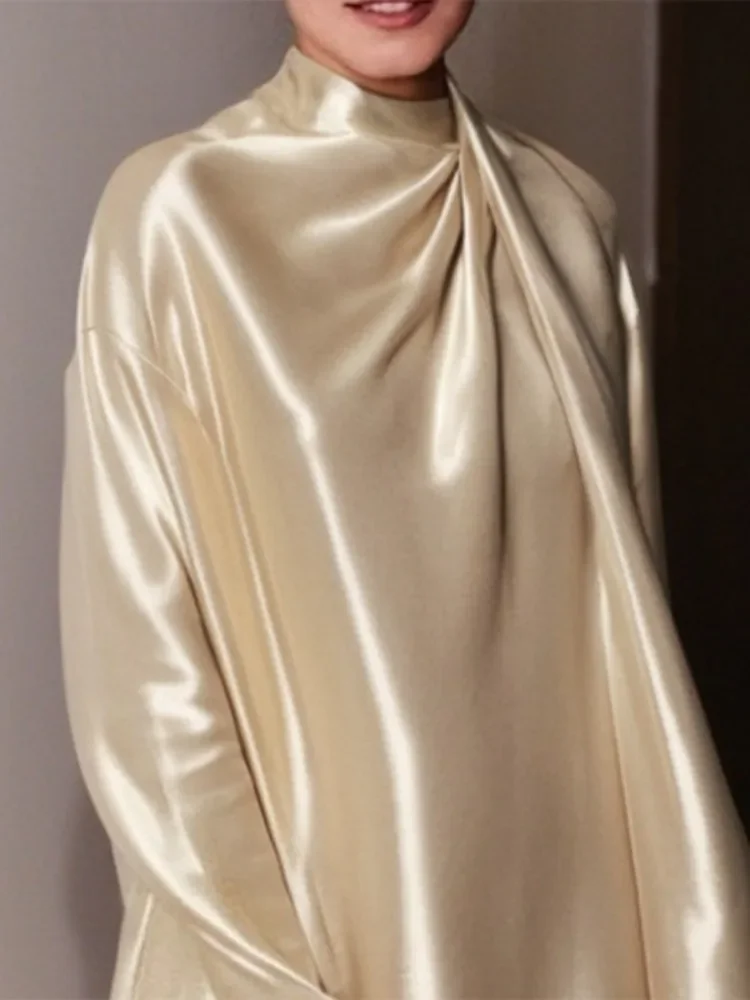 Bonboho Abito elegante da donna Collo alto Maniche lunghe Abito plissettato 2025 Estate Nuovi abiti da sera sopra il ginocchio champagne 2