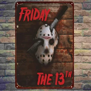 Decorazione da parete con targa in metallo per film horror vintage 'Friday the 13th', metallo rustico con design a maschera scheletrata, perfetto per 1