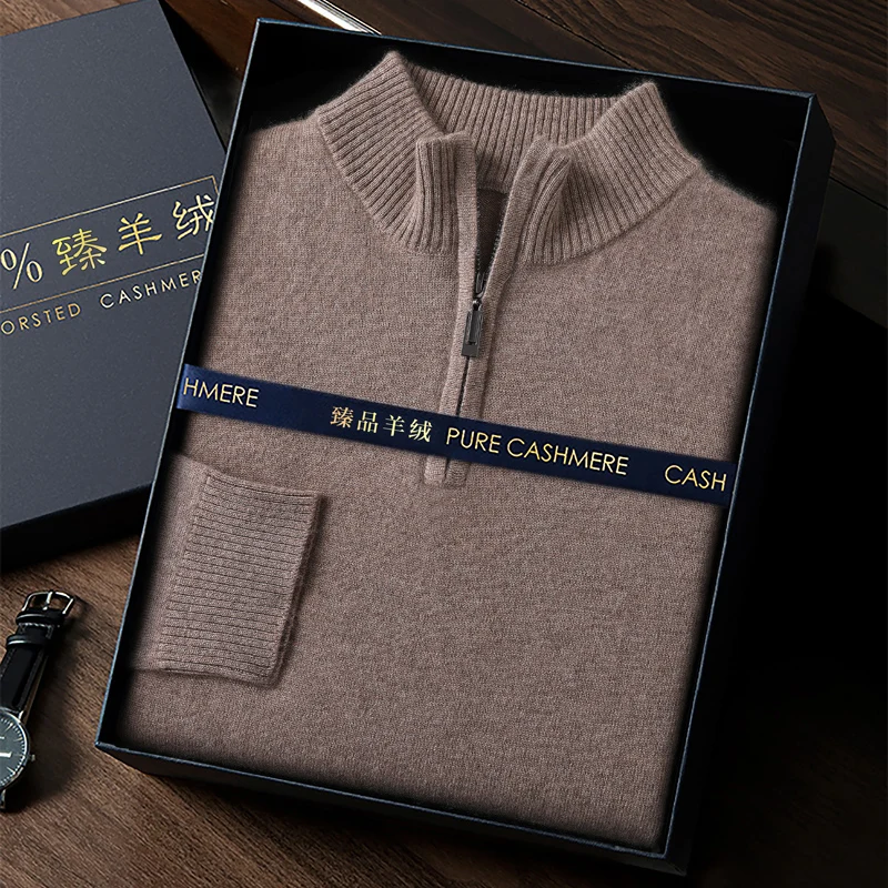 100% capra cashmere uomo maglione con collo a lupetto pullover con cerniera autunno inverno spesso classico solido maglieria allentata vestiti coreani da uomo 5
