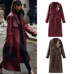 PRINTKAOIR 2024 Nuovo lancio Cappotto in ecopelle bordeaux da donna Moda retrò con tasche per cintura Cappotto allentato esteso Capispalla 1
