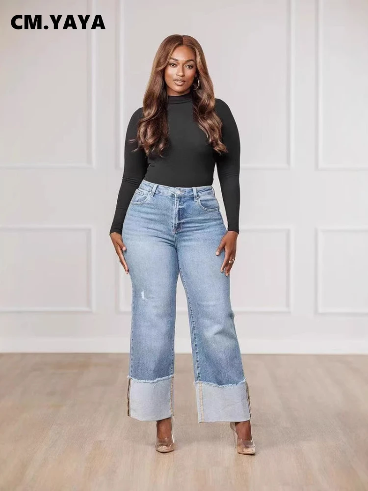 CM.YAYA Pantaloni jeans a gamba larga patchwork in denim lavato dritto da donna streetwear 2025 Pantaloni da festa strappati alla moda primaverile 4