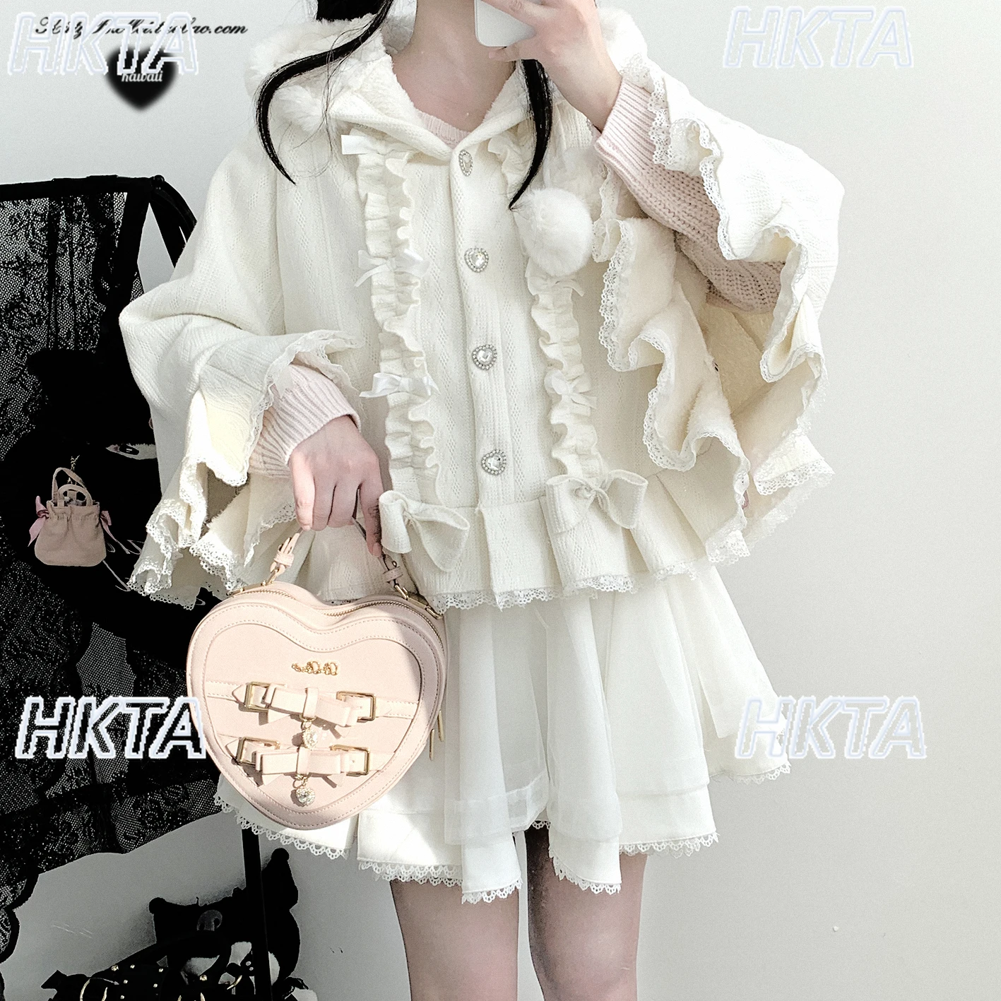 Cappotto scialle a mantella in stile giapponese originale donna 2025 autunno inverno nuovo scialle con giacca lavorata a maglia calda foderata in pile con foro di diamante 2