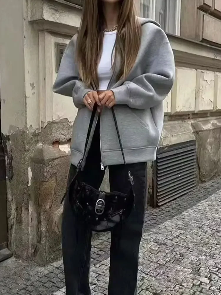 Giacca grigia da donna autunnale con cappuccio manica lunga tasca grande giacca con cerniera cappotto donna capispalla casual allentato top 6