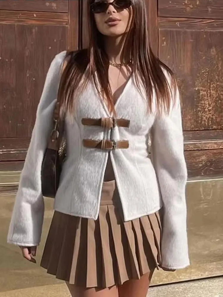 HH Cappotto di lana con fibbia in pelle retrò Moda donna Solido scollo a V Manica lunga Giacca beige Autunno Primavera Chic Streetwear femminile 4