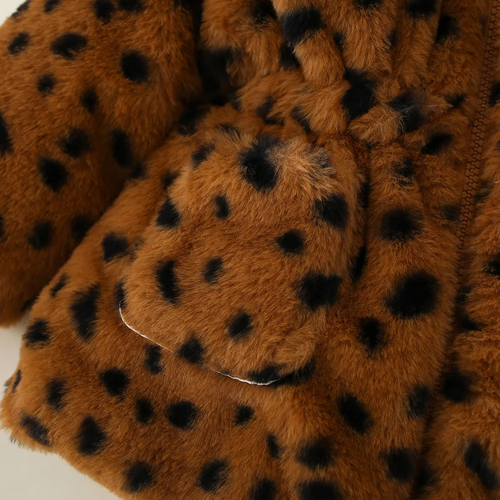 Cappotto da bambina Autunno/Inverno Stampa leopardata Giacca da ragazza calda con cappuccio Orecchie carine Capispalla per bambini Vestiti invernali per bambini 5