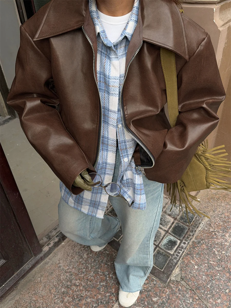 Donna Vintage Vino Rosso Ecopelle Jakcet Moda Tuta Sportiva Cerniera Risvolto Pu Cappotti Autunno Inverno Streetwear Donna Top corti 3