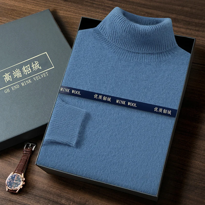 Maglione da uomo in maglia spessa 100% visone e cashmere, pullover caldo con colletto rovesciato, dolcevita invernale casual a maniche lunghe da uomo 4