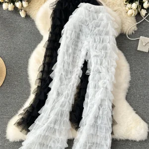 SINGREINY Pantaloni lunghi in maglia di moda Donna a strati a vita alta Moda americana Streetwear 2024 Y2k Pantaloni svasati trasparenti vintage 1