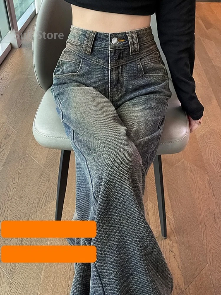 Jeans retrò a gamba larga da donna 2025 in pile ispessito a vita alta pantaloni dritti larghi e sottili con motivo a stella americana 2