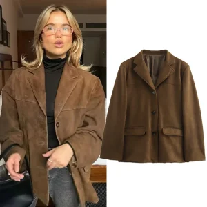 HXAO Giacca da donna Old Money Giacche Giacca in pelle scamosciata marrone Cappotto Giacca vintage da mezza stagione Autunno Inverno Novità in capispalla 1