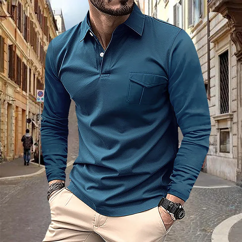 Polo da uomo primaverile e autunnale T-shirt con tasca con risvolto T-shirt da uomo d'affari casual a maniche lunghe europea e americana taglie forti 3