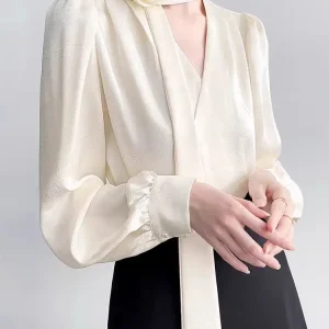 2025 Nuovi vestiti da donna Eleganza francese Camicetta a maniche lunghe con fiocco rosa Donna Chic Primavera/Autunno Top in raso Abbigliamento di alta qualità 1