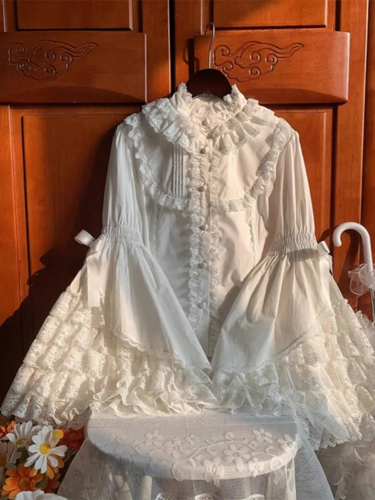 Ragazza giapponese Kawaii Dolce e carino Lolita Camicia a maniche svasate Autunno Y2k Estetica Patchwork di pizzo Camicetta Top Donna JK Blusas allentate 5