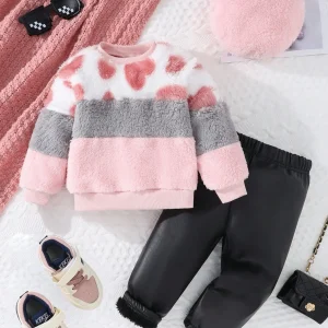 Un set da tre pezzi di pantaloni lunghi in pelle di pile nero e un cappello rosa per il calore delle neonate in autunno e inverno 1