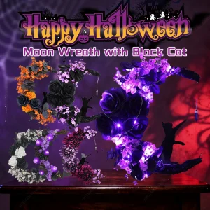 2025 Decorazione ghirlanda gotica Ghirlande per porte a forma di luna Ghirlanda di luna di Halloween con gatto nero per la parete della finestra della festa in casa Ou 1