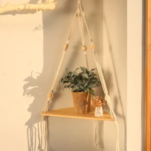 Mensola da parete galleggiante triangolare Mensola da parete in legno a 1/2/3 livelli Espositore angolare sospeso con perline di legno Decorazioni per la casa rustiche Boho 1