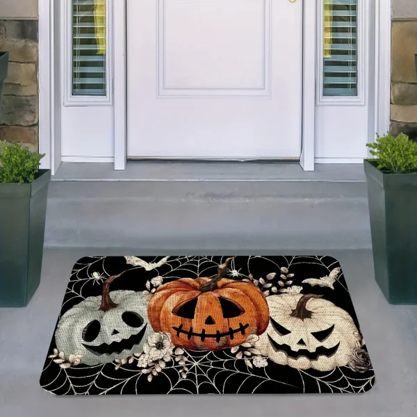 Tappeto decorativo con zucca di Halloween Tappetino con design a ragnatela di zucca nera Tappetino decorativo per porta d'ingresso spaventoso e spettrale 6