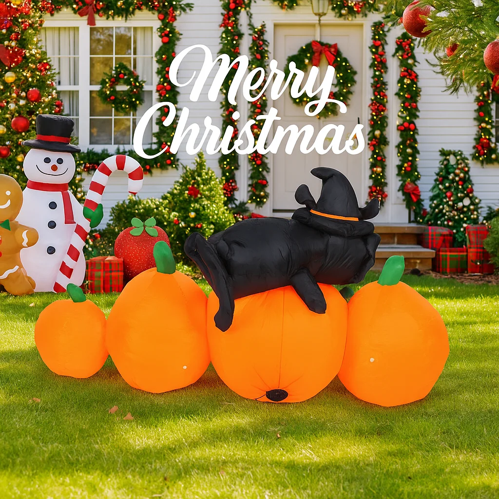 4,92FT Giocattolo gonfiabile di Halloween Zucca gatto nero con luci a LED Ornamenti da giardino Decorazione per feste da prato Forniture per la casa Ornamenti 4